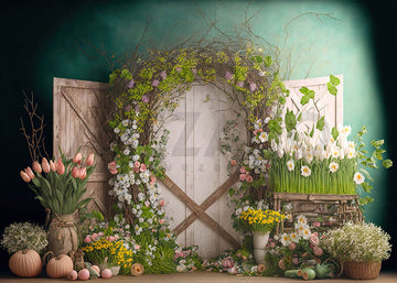 Avezano Wooden Doors with Spring Flowers Photography Backdrop