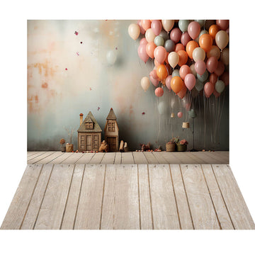 Avezano Balloons and Cabins Cake Smash Kid Birthday 2 pcs Set Backdrop