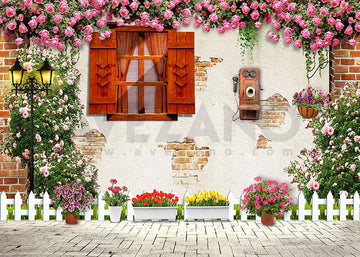 Avezano Spring Flowers and Brick Walls Photography Backdrop