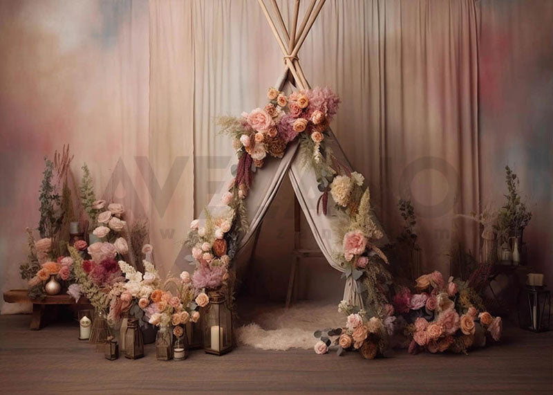 Toile de fond pour photographie de tente à fleurs roses bohème d'Avezano