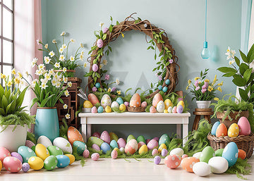 Avezano Easter Colorful Eggs and Wreaths Photography Backdrop