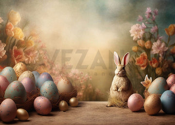Avezano Easter Retro Flowers and Rabbit Photography Backdrop