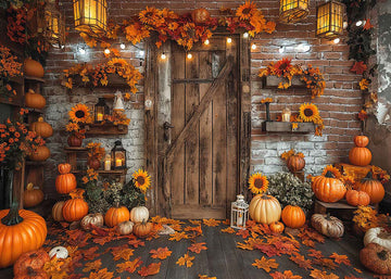 Avezano Maple Leaves and Pumpkins in Front of the Door in Autumn Photography Backdrop