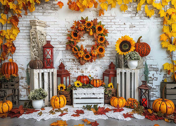 Avezano Autumn Sun Wreath and Pumpkin Decoration Photography Backdrop