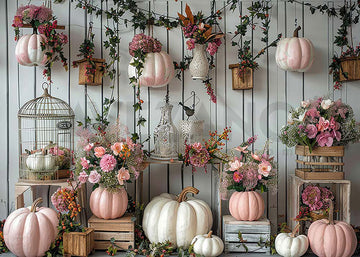 Avezano Autumn Pink Pumpkins and Flowers Photography Backdrop