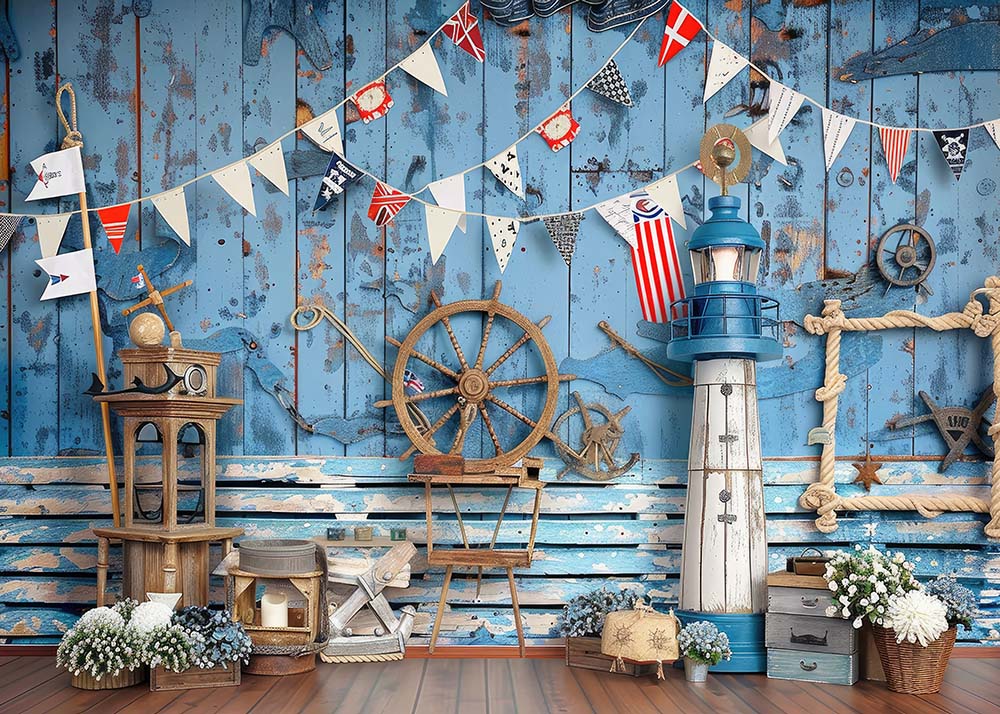 Clearance Sale Avezano Nautical Lighthouse & Wheel Photography Backdrop
