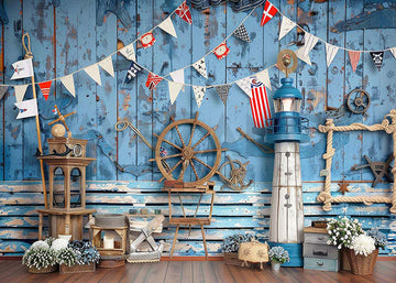 Avezano Blue Wood-Paneled Walls and Marine lighthouse Photography Background