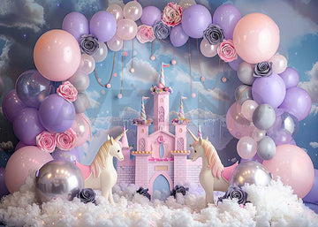 Avezano Unicorn Balloon Arch and Pink Castle Cake Smash Photography Background