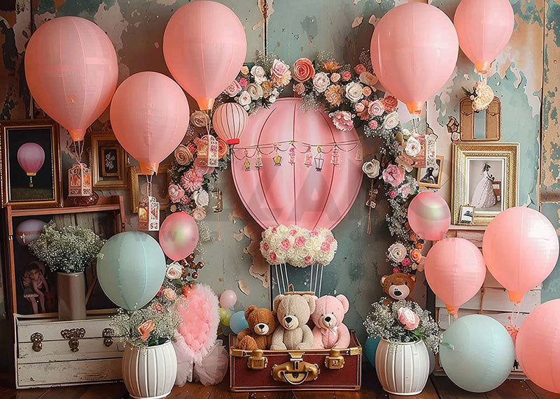 Fond de photographie de fête de ballons roses et d'ours d'Avezano