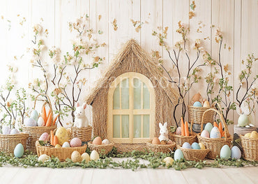 Toile de fond pour photographie de lapins de Pâques et de maisons de paille au printemps d'Avezano