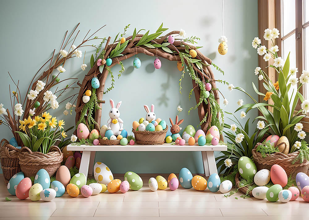 Toile de fond pour photographie d'œufs de Pâques et de décorations d'arbres de printemps d'Avezano