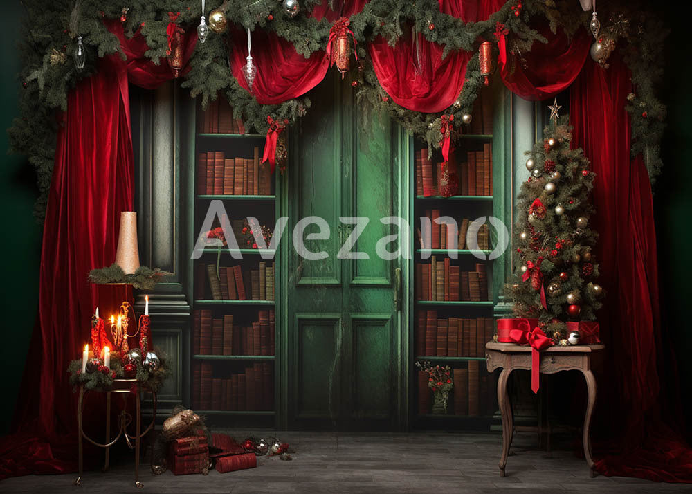 Toile de fond pour photographie de sapin de Noël blanc et de cadeaux d'Avezano