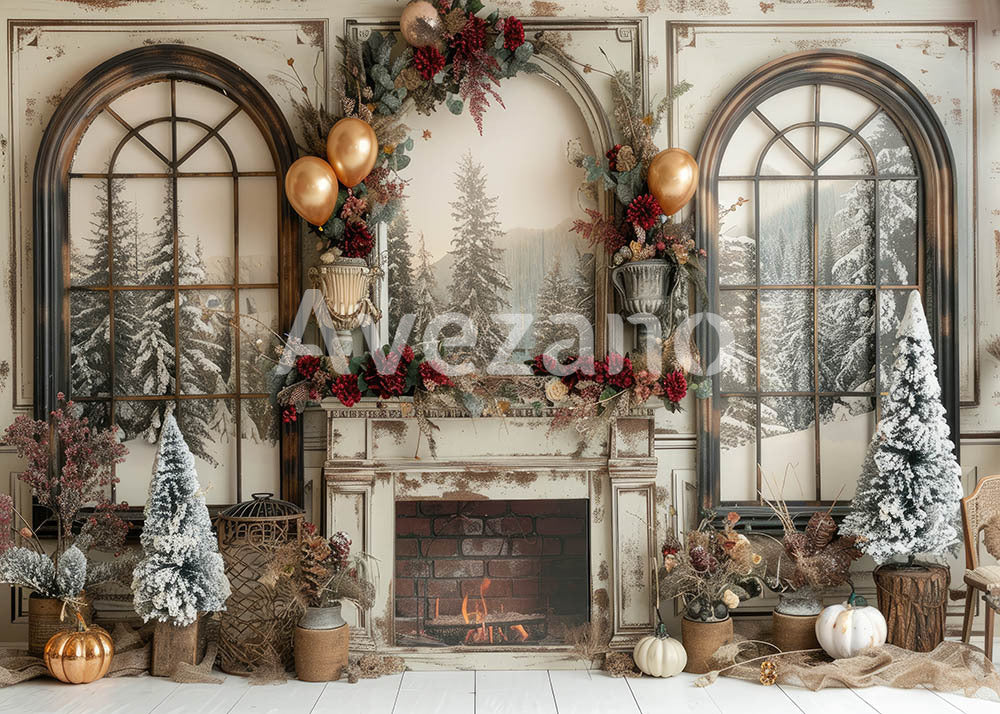 Toile de fond pour photographie de sapin de Noël blanc et de cadeaux d'Avezano