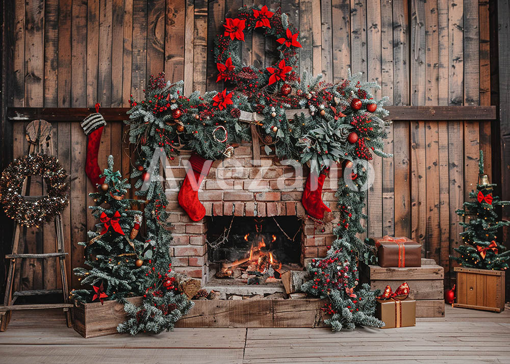 Avezano Rustic Brick and Stone Christmas Fireplace Photography Backdrop