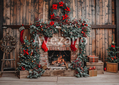 Avezano Rustic Brick and Stone Christmas Fireplace Photography Backdrop