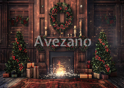 Toile de fond pour photographie de sapin de Noël blanc et de cadeaux d'Avezano