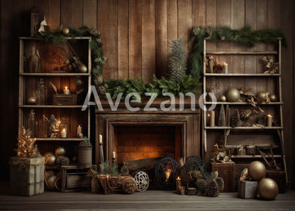 Avezano Vintage Christmas Fireplace and Shelves Photography Backdrop
