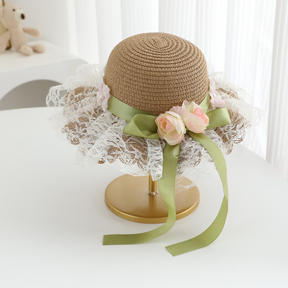 Avezano Girls Lace Flower Straw Hat with Ribbon Kids Photography Prop