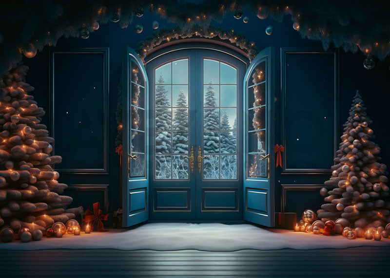 Avezano Christmas Blue Wooden Door Photography Backdrop