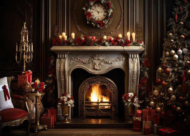 Avezano Christmas Fireplace Wreath Gift Photography Backdrop
