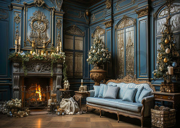 Avezano Christmas Fireplace and Blue Wall Carving Photography Backdrop