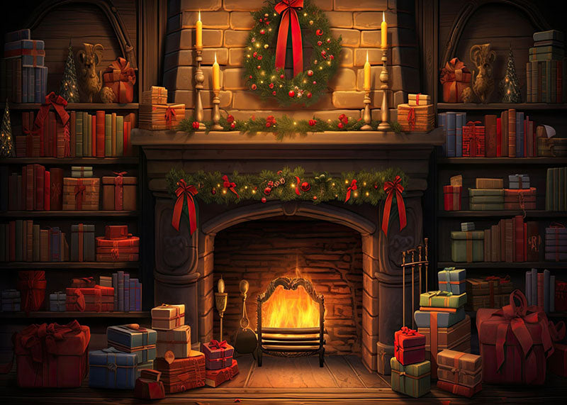 Avezano Christmas Fireplace and Gift Box Photography Backdrop