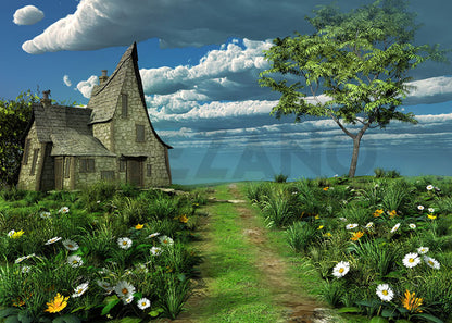 Toile de fond pour photographie de la maison du pré de fleurs de printemps d'Avezano