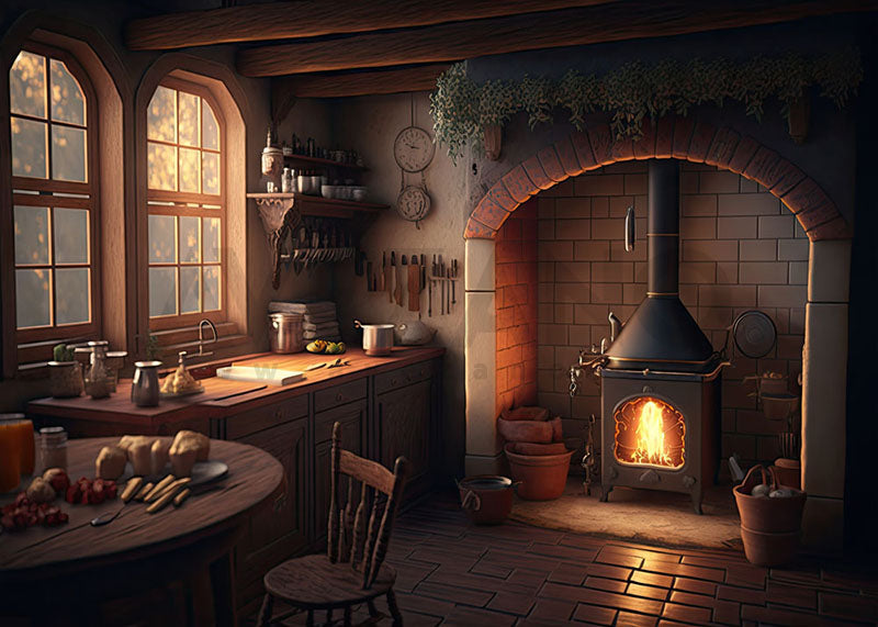 Toile de fond pour photographie de Noël avec poêle allumé dans la cuisine d'Avezano
