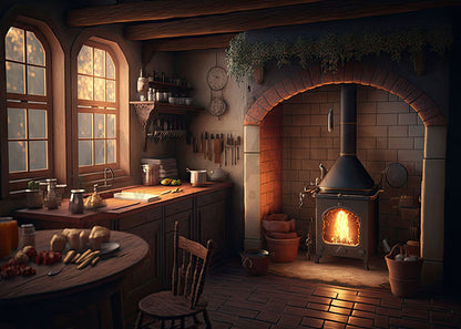 Toile de fond pour photographie de Noël avec poêle allumé dans la cuisine d'Avezano