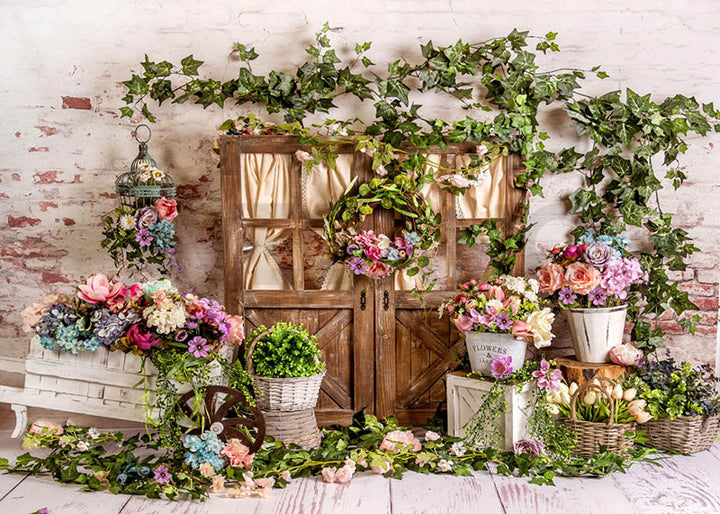 Avezano Spring Flowers Wooden Door Wall Photography Background-AVEZANO