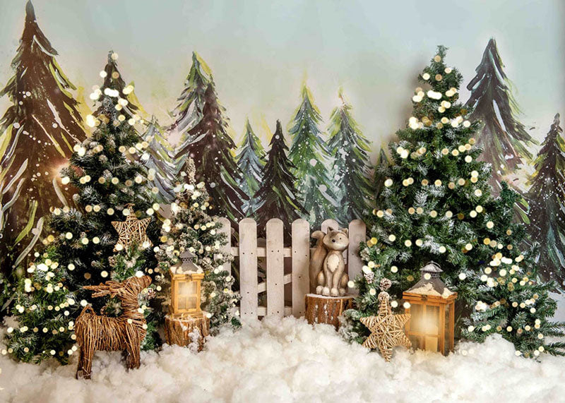 Avezano Winter Christmas Tree and Fences Photography Backdrop Room Set