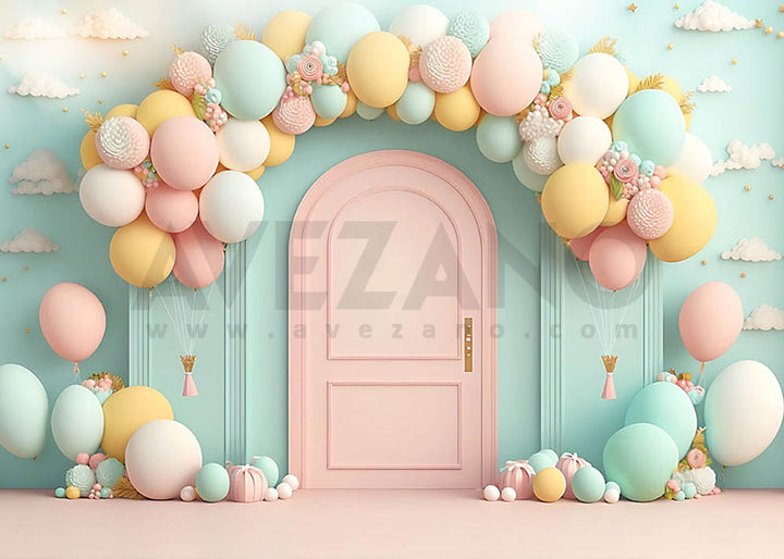 Avezano Blue and Pink Balloon Arch Birthday Part Photography Background-AVEZANO
