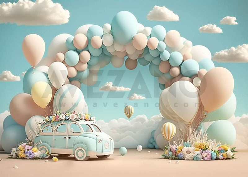 Avezano Blue Car and Balloon Arch Photography Background-AVEZANO