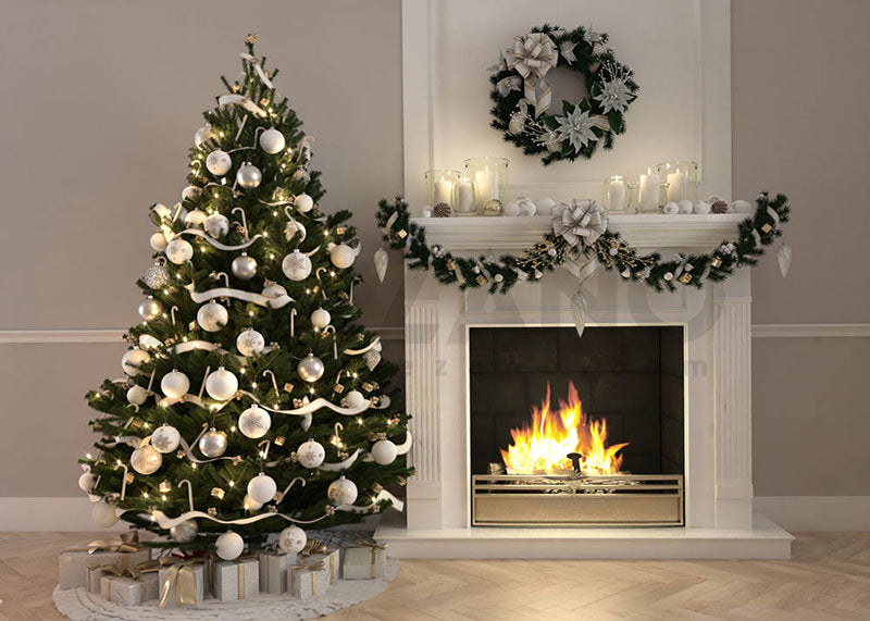 Avezano Christmas Tree and Fireplace White Photography Background-AVEZANO