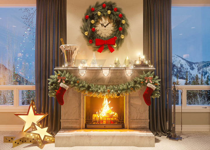Avezano Christmas Fireplace Fire and Wreath Photography Background-AVEZANO
