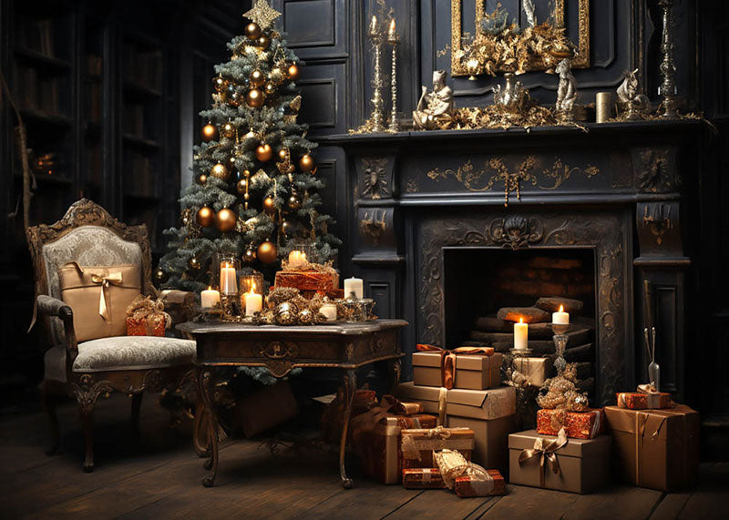Avezano Christmas Indoor Vintage Fireplace Photography Background-AVEZANO