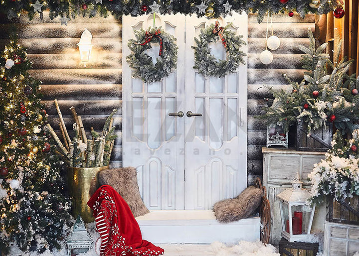 Avezano Christmas Wreath White Wooden Door Photography Background-AVEZANO