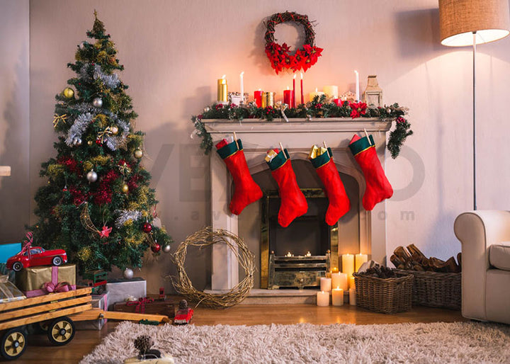 Avezano Red Christmas Stockings and Christmas Tree Photography Background-AVEZANO