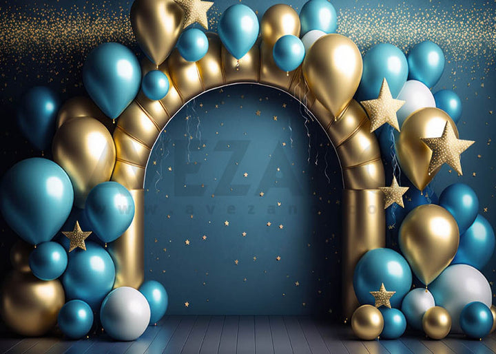 Avezano Gold and Blue Balloon Party Birthday Photography Background-AVEZANO