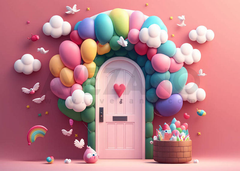 Avezano Pink Doors and Colored Balloons Photography Background-AVEZANO