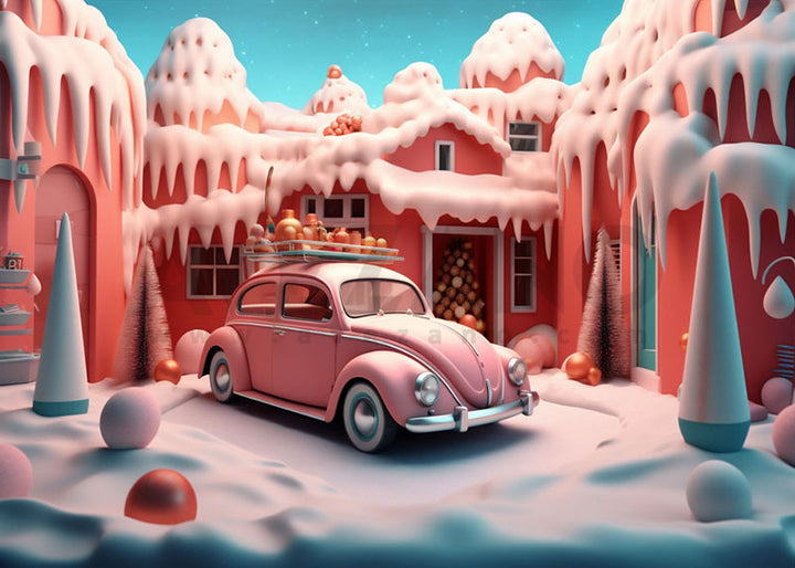 Avezano Christmas Pink Ice Cream House Cake Smash Background Photography Background-AVEZANO