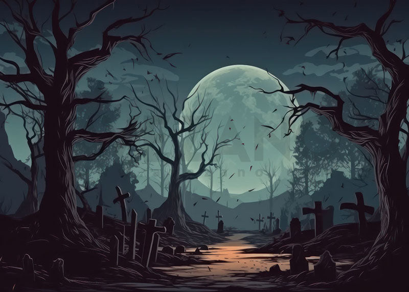 Avezano Halloween Barren Mountains Full Moon Backdrop for Photography-AVEZANO