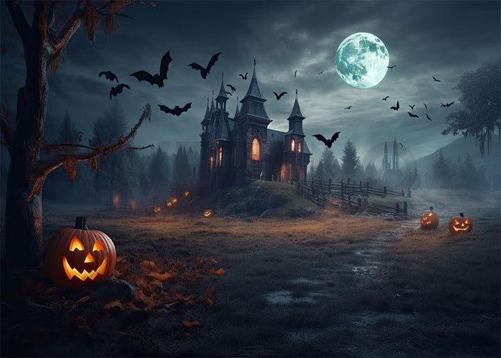 Avezano Halloween Castle Dark Night Full Moon Backdrop for Photography-AVEZANO