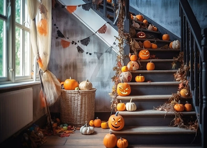 Avezano Halloween Pumpkin Staircase Decoration Backdrop for Photography-AVEZANO