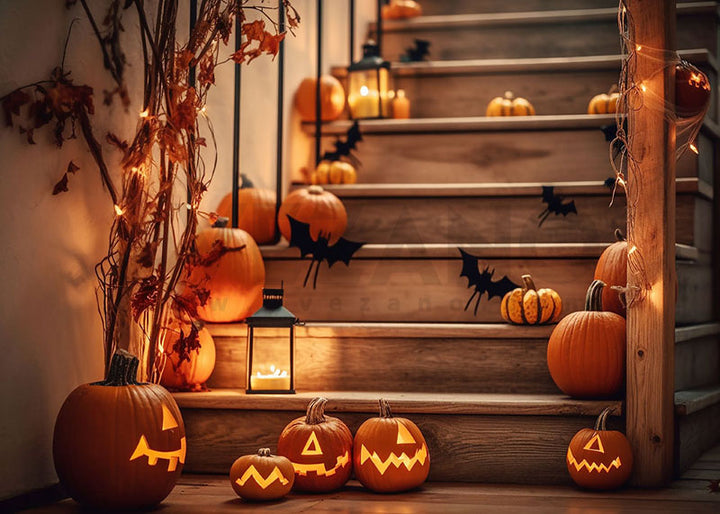 Avezano Halloween Pumpkin Staircase Backdrop for Photography-AVEZANO