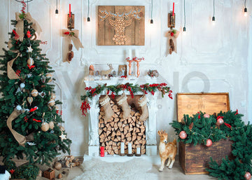 Avezano Christmas House Wood and Fireplace Photography Backdrop