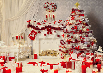 Avezano Red Christmas Tree Fireplace Photography Backdrop