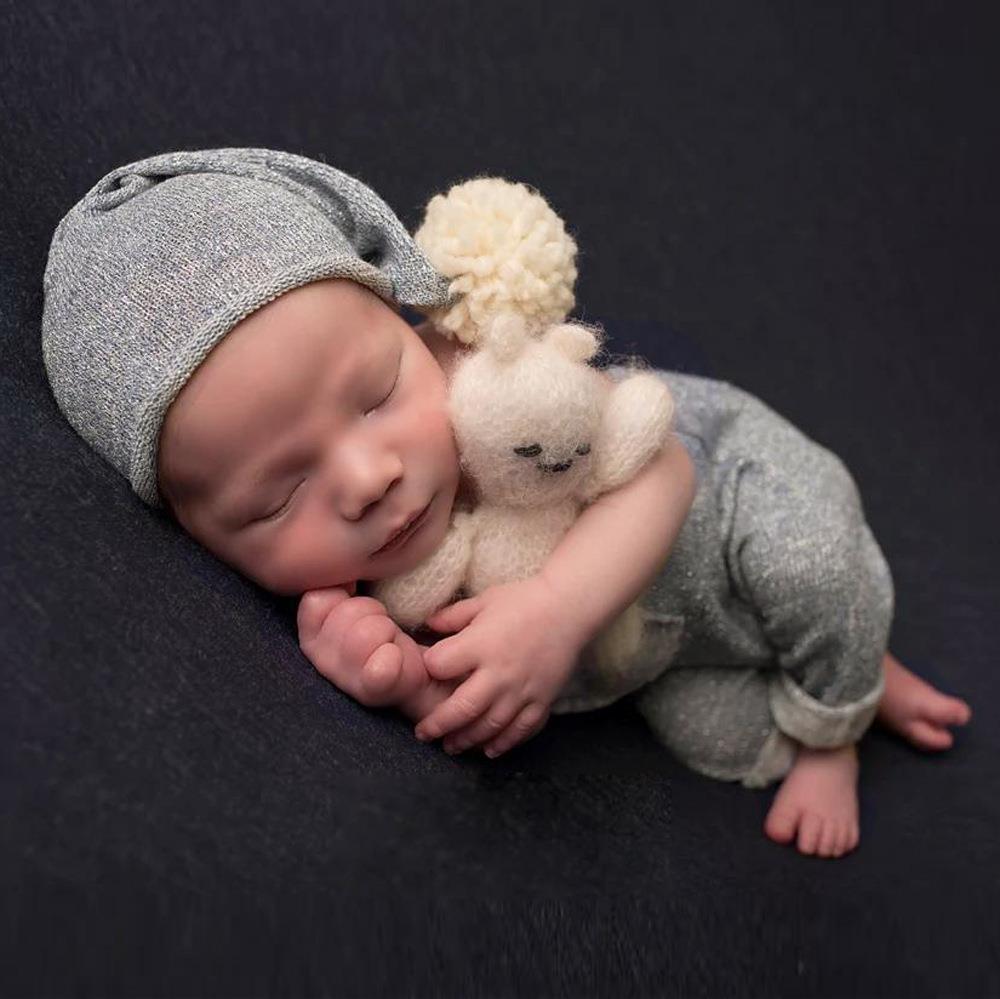 Avezano Newborn Photography Gray Outfit Set with Pom-Pom Hat & Suspender Pants