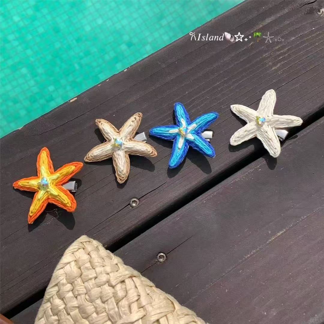 Avezano Colorful Dopamine Straw Starfish Hair Clip Beach Photo Prop