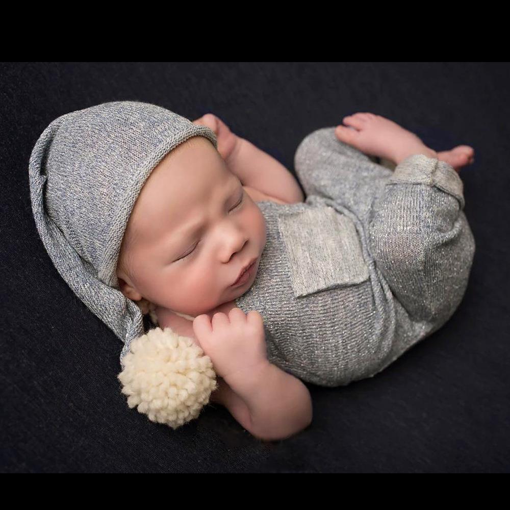 Avezano Newborn Photography Gray Outfit Set with Pom-Pom Hat & Suspender Pants